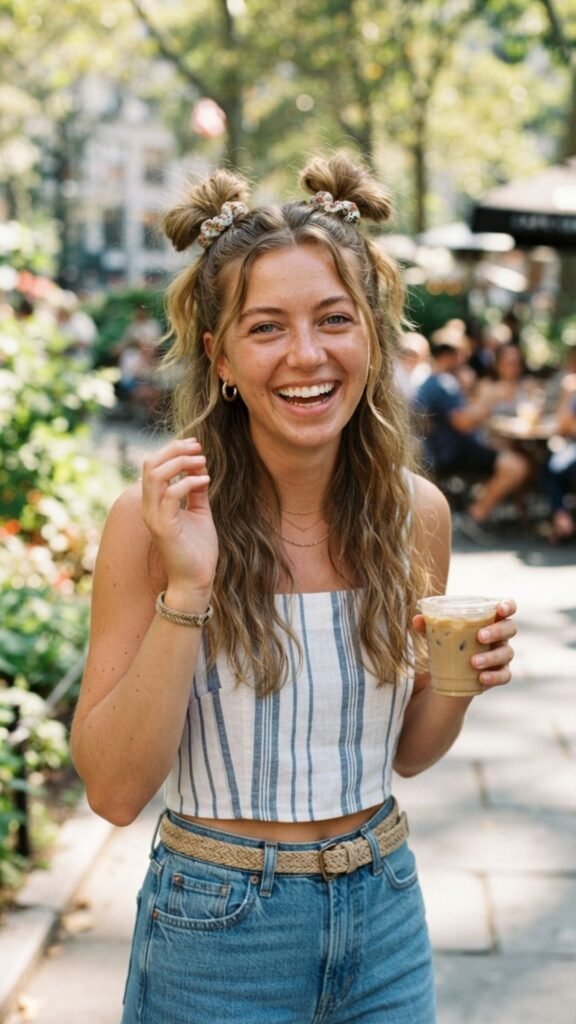 Playful half-up double buns for a fun and stylish summer hairstyle.

