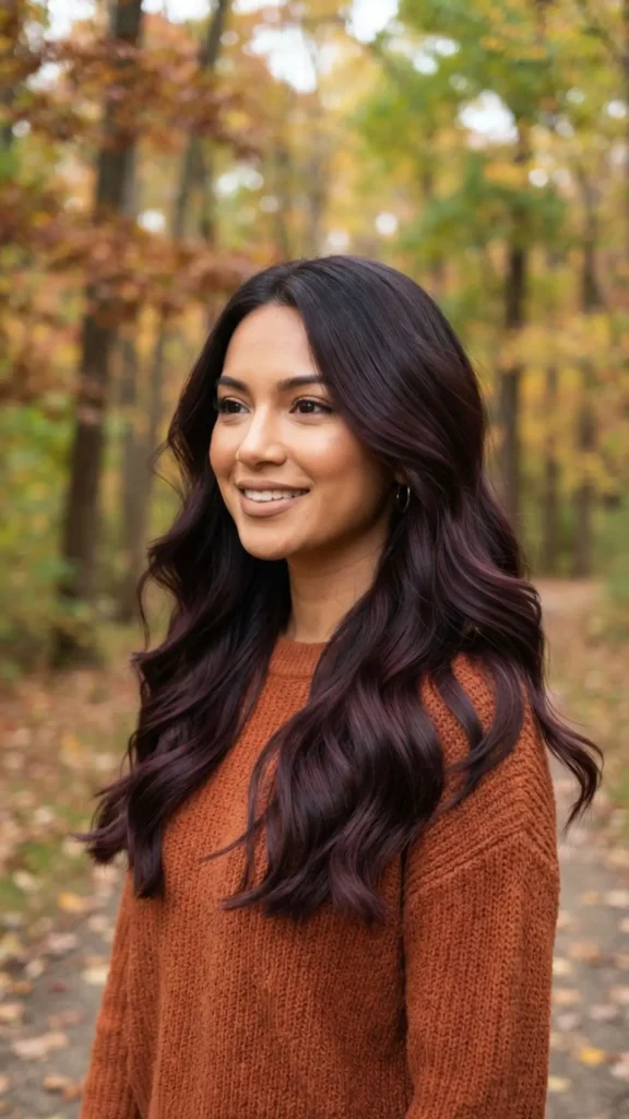 Plum-tinted dark chocolate hair with rich dimensional tones.
