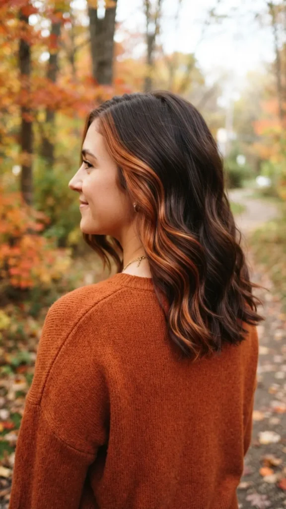 Pumpkin spice chunky peekaboo highlights for a bold fall look.
