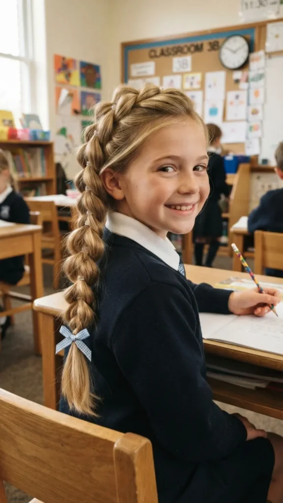 Quick pull-through braid hairstyle for a stylish and easy school day look.

