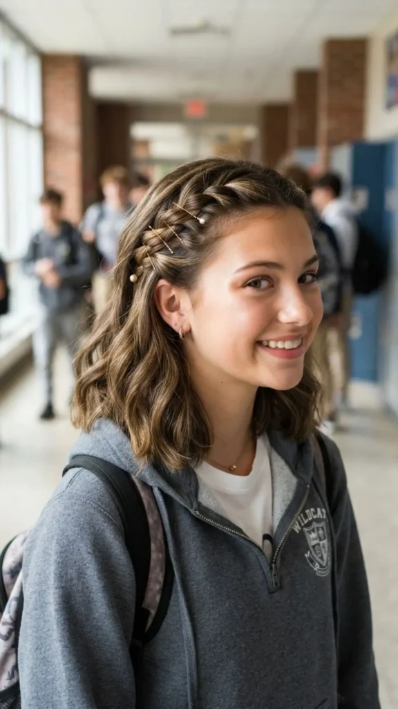 Quick twist and pin hairstyle for an effortless and stylish school morning.
