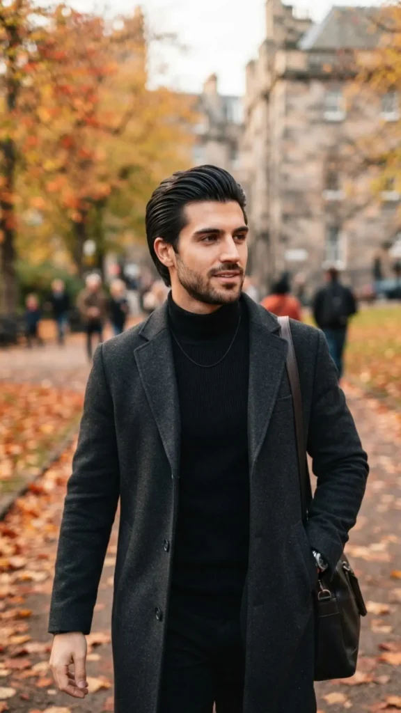 Sleek medium sweep hairstyle for men with polished fall texture.
