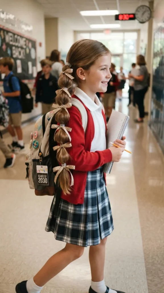 Ribbon-wrapped bubble braid with soft brown hair.

