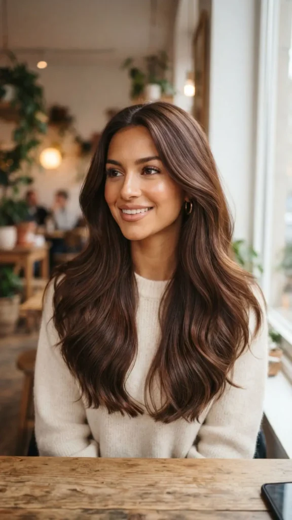 Rich cocoa hair color featuring deep, glossy brown autumn shades.
