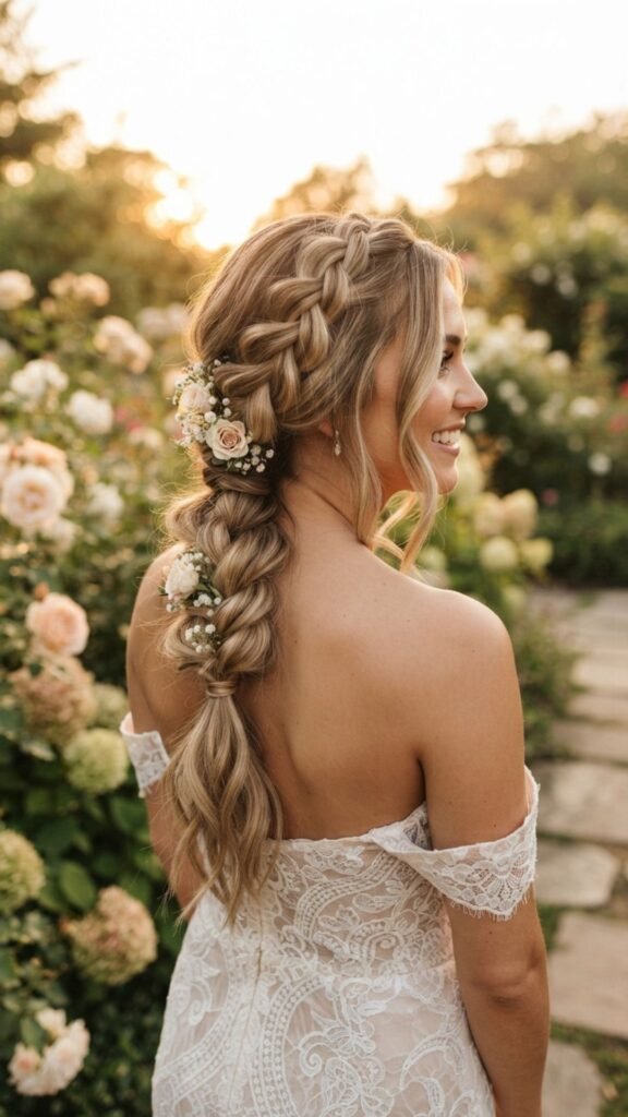 Romantic braided low ponytail with soft, elegant texture.
