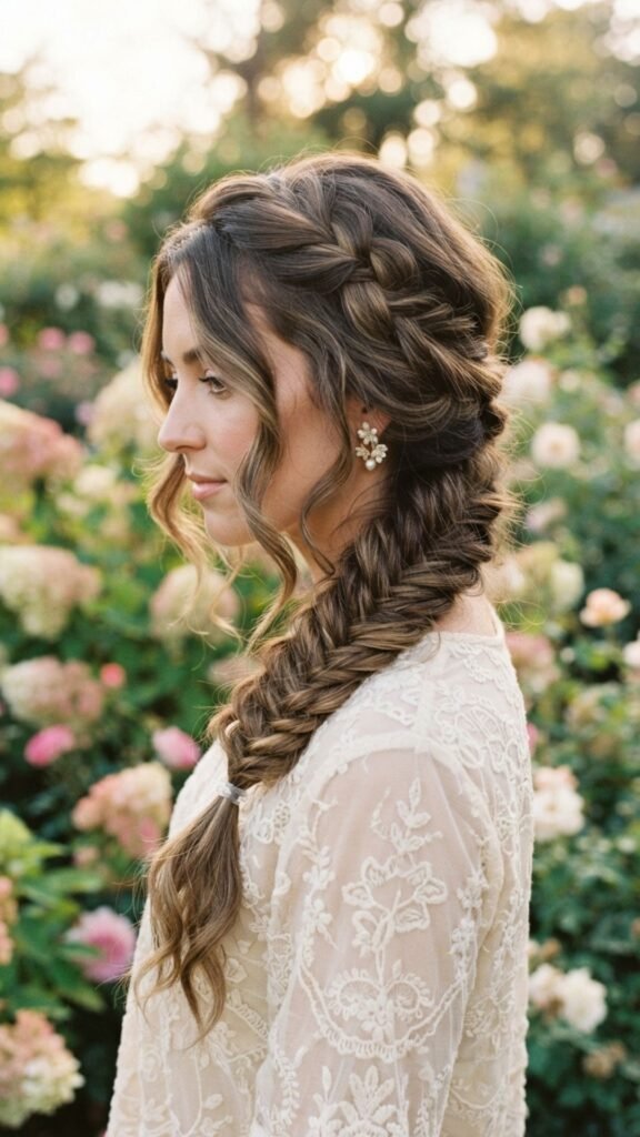 Romantic side-swept fishtail braid with elegant texture.

