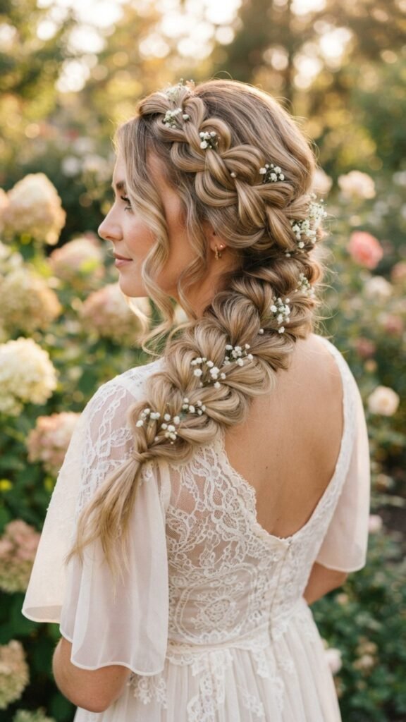 Side-swept pull-through braid with romantic volume and texture.
