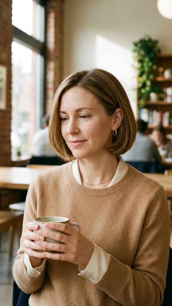 A rounded bob with a smooth silhouette creating a soft and flattering hairstyle.
