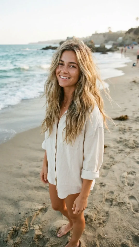 Natural sandy blonde hair with soft beige and golden undertones.
