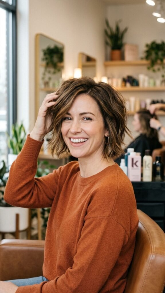 Short layered haircut designed for quick styling while maintaining volume and shape.
