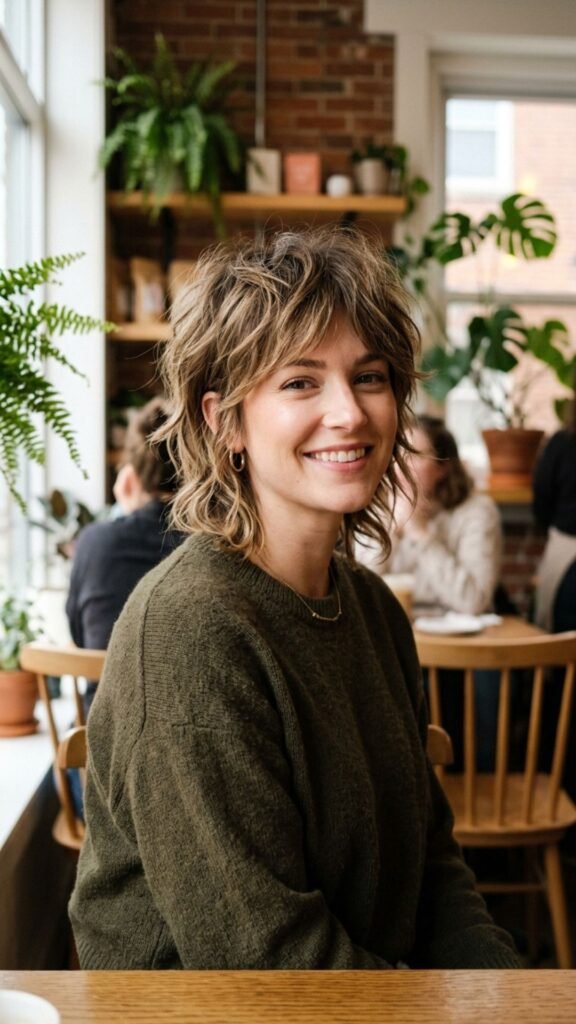 Modern short shag haircut with textured layers for an effortless, youthful appearance.

