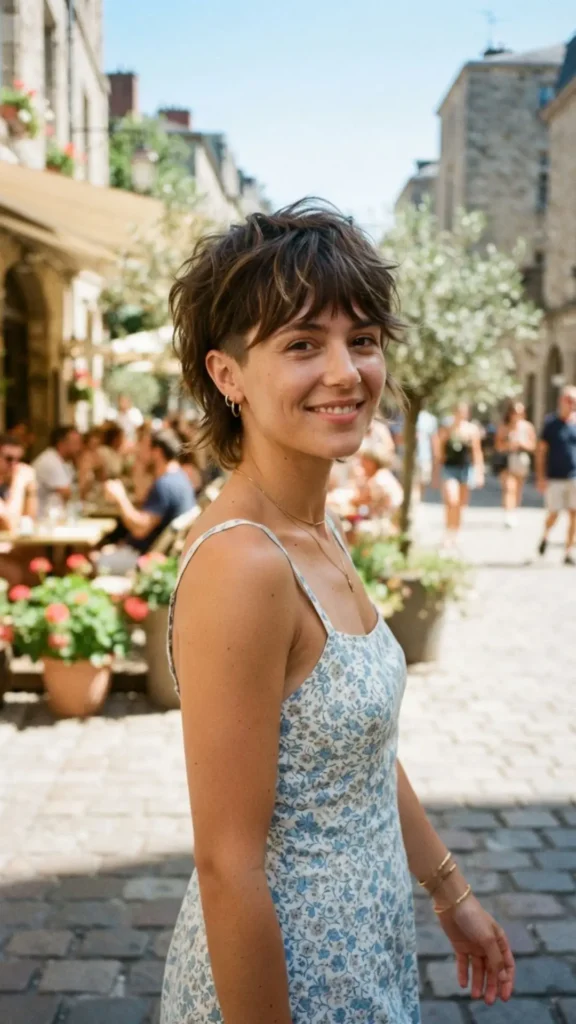 Short shag haircut with tapered sides and tousled textured layers
