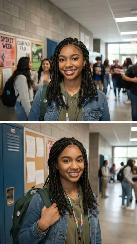 Shoulder-length box braids for an effortless and manageable school hairstyle
