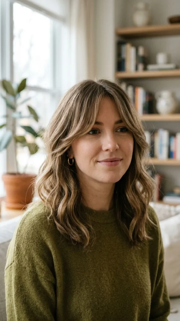 Shoulder-length hair with long curtain bangs offering movement, softness, and everyday style.
