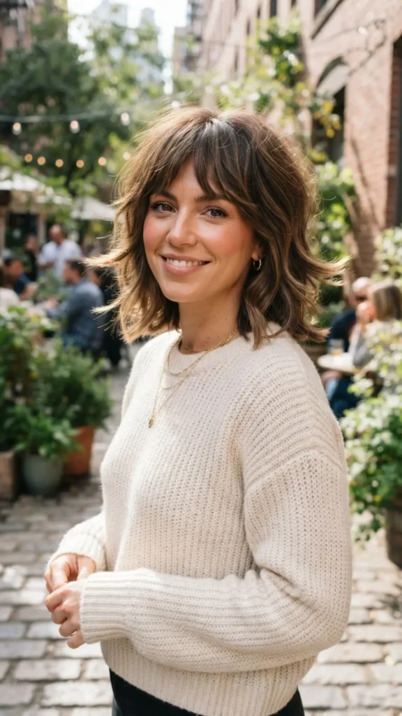 Shoulder-length shag hairstyle with playful flipped ends and soft layers