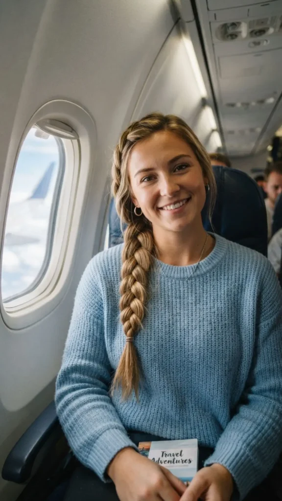 Side braid over the shoulder for a relaxed and comfortable flight hairstyle
