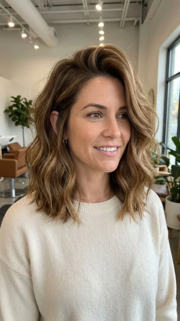 Side-parted-lob hairstyle adding root lift and natural-looking volume to thin hair.
