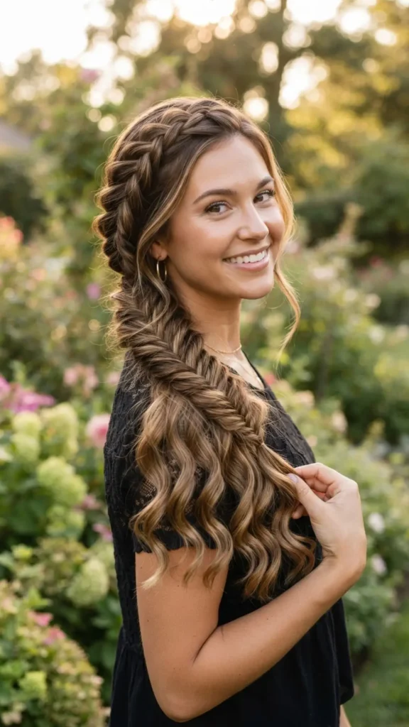 Side-swept fishtail braid blended with long curls for a chic and feminine hairstyle.