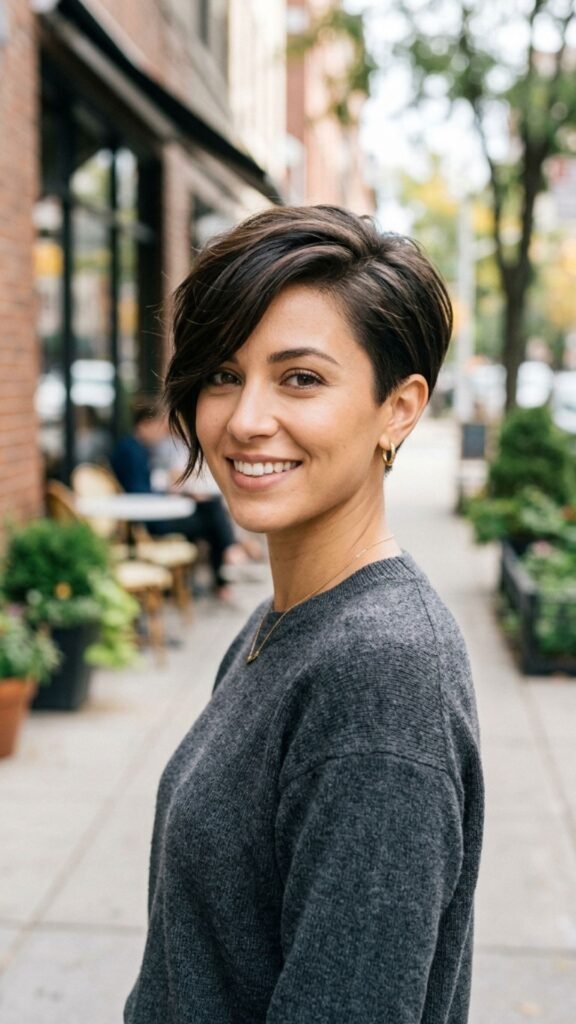 Side-swept pixie hairstyle with longer fringe adding elegance and natural movement.
