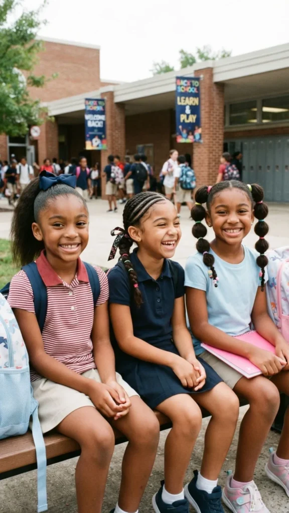 Simple braids, ponytails, and bubble styles for school days.
