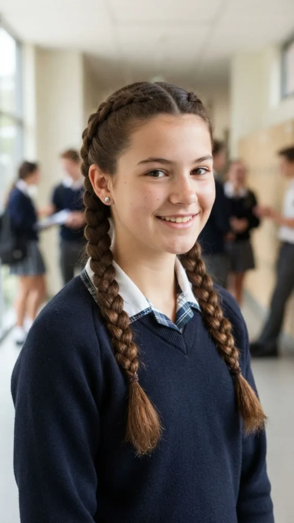 Simple double braids for a neat and classic back to school hairstyle
