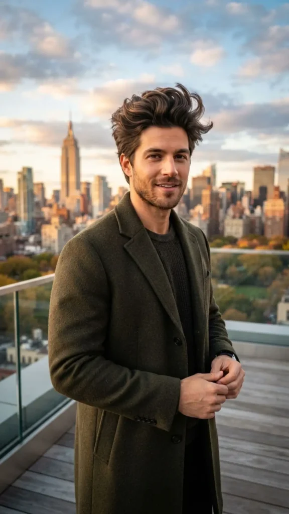 Medium-volume hairstyle for men with lifted texture and fall-ready style.