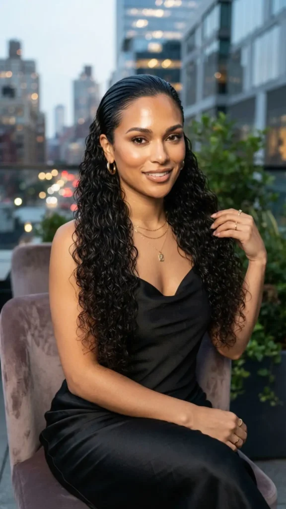 Sleek-back wet-look curls for a bold, modern, glossy, and effortlessly glamorous hairstyle.
