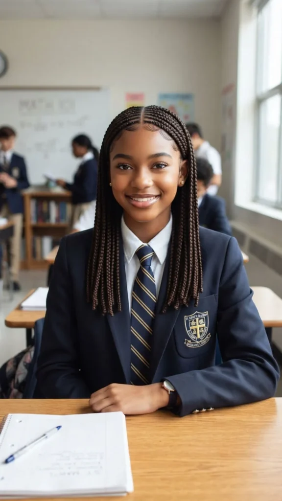 Sleek center-parted box braids creating a polished and elegant school hairstyle