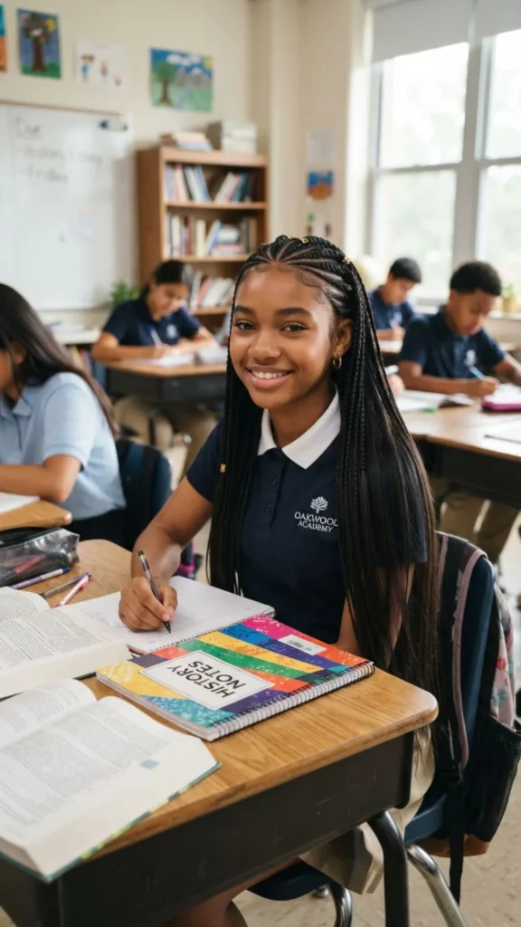 Sleek cornrows with flowing hair lengths for an effortless school hairstyle

