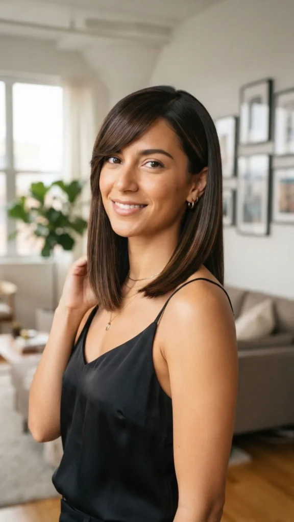 Sleek long bob hairstyle with polished side-swept bangs.