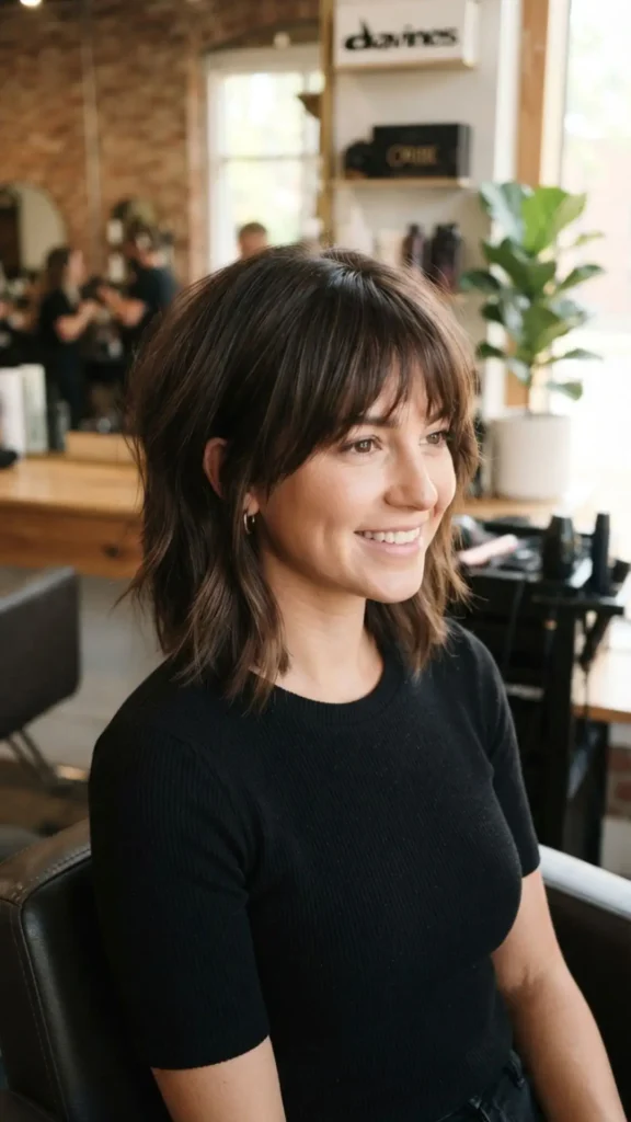 Sleek shag haircut with rounded silhouette and smooth layered finish