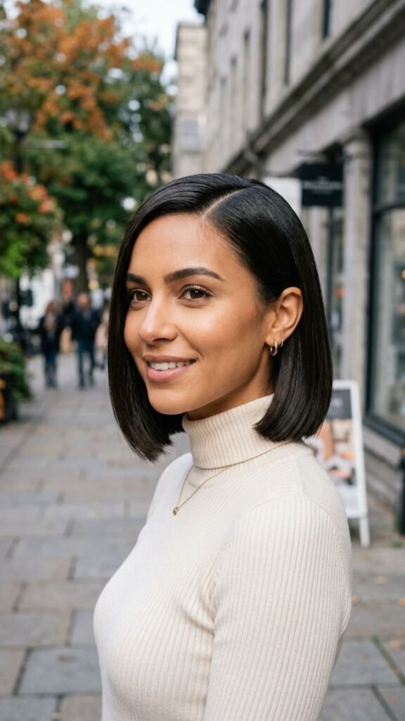 Sleek, side-parted bob with a smooth finish for a refined and elegant hairstyle.
