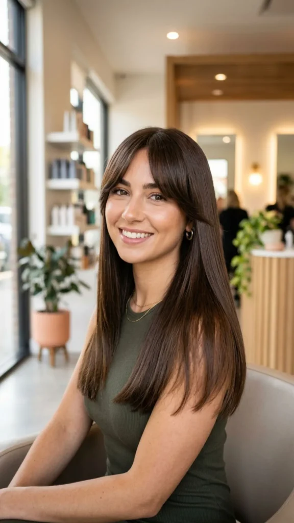 Sleek straight hair with long curtain bangs for a polished and modern appearance.
