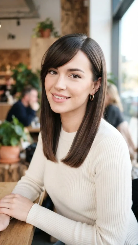 Smooth straight hairstyle with elegant side-swept bangs.