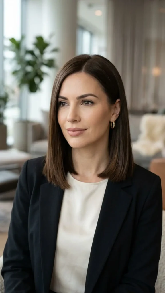 Sleek, straight lob haircut with smooth lines and healthy-looking fullness for fine hair.
