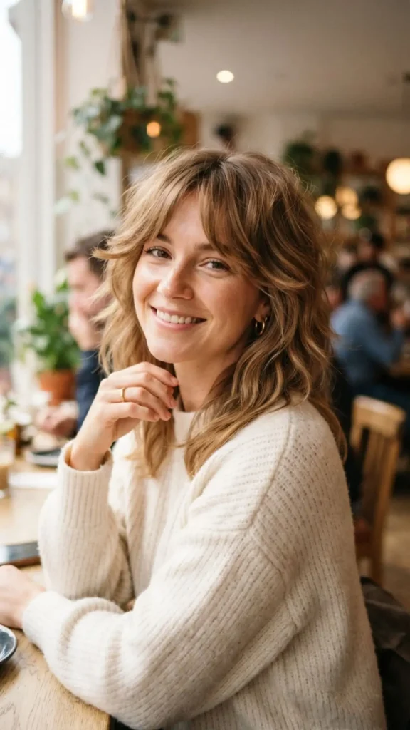 Soft shoulder-length shaggy layers with natural movement and texture.