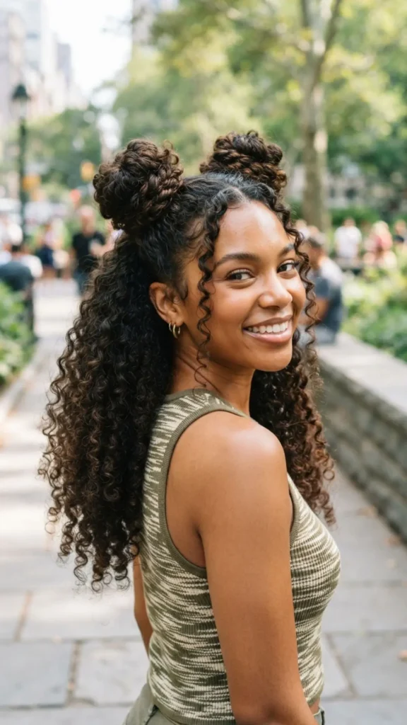 Space buns with long curls for a fun, youthful, and trendy hairstyle with playful volume.
