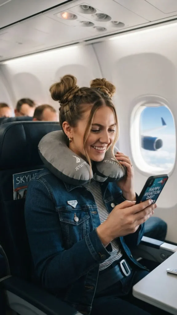 Stylish space buns for long hair and comfortable airplane travel
