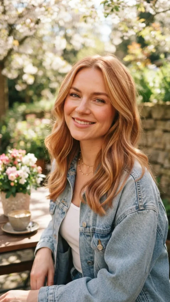 Soft strawberry blonde hair with delicate rosy-golden hues.
