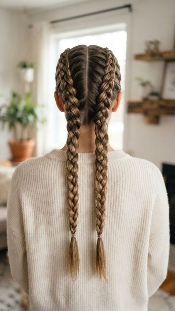 Structured double French braids with a sleek and secure finish.
