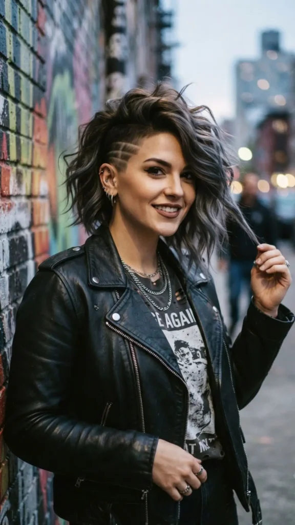 Mid-length edgy haircut featuring a stylish undercut design.
