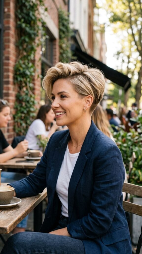 Tapered pixie cut with voluminous crown for a bold yet elegant short hairstyle.

