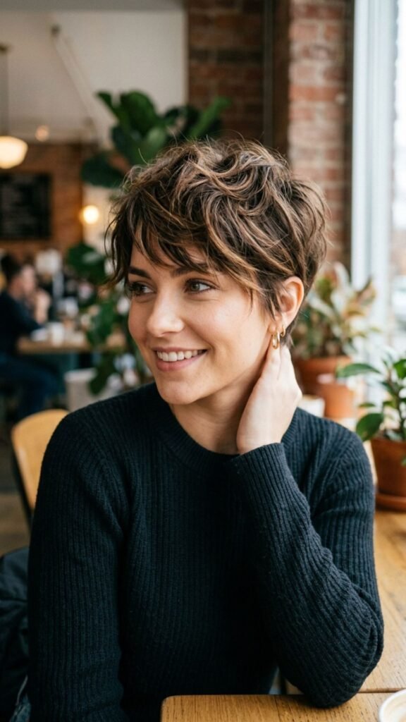Textured crop cut featuring soft layers for a stylish, relaxed, and contemporary look.
