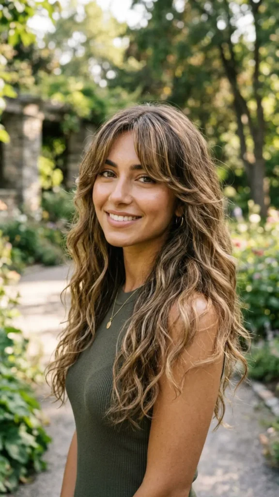 Textured long hair with curtain bangs creating natural volume and an effortlessly stylish finish.