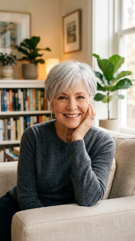 Timeless silver pixie cut celebrating natural gray hair with confidence and elegance.
