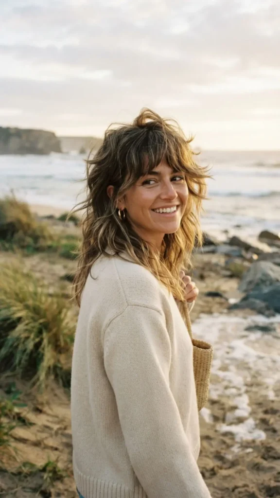 Tousled shag hairstyle with beachy texture and effortless summer movement