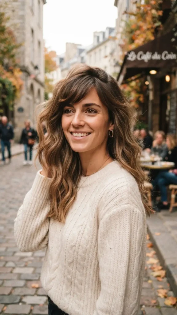 Tousled wavy hairstyle with relaxed side-swept bangs.