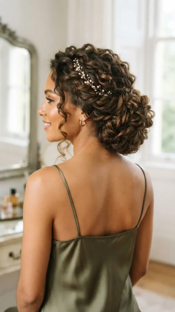 Tucked and pinned curly updo with soft volume for an elegant and sophisticated hairstyle.
