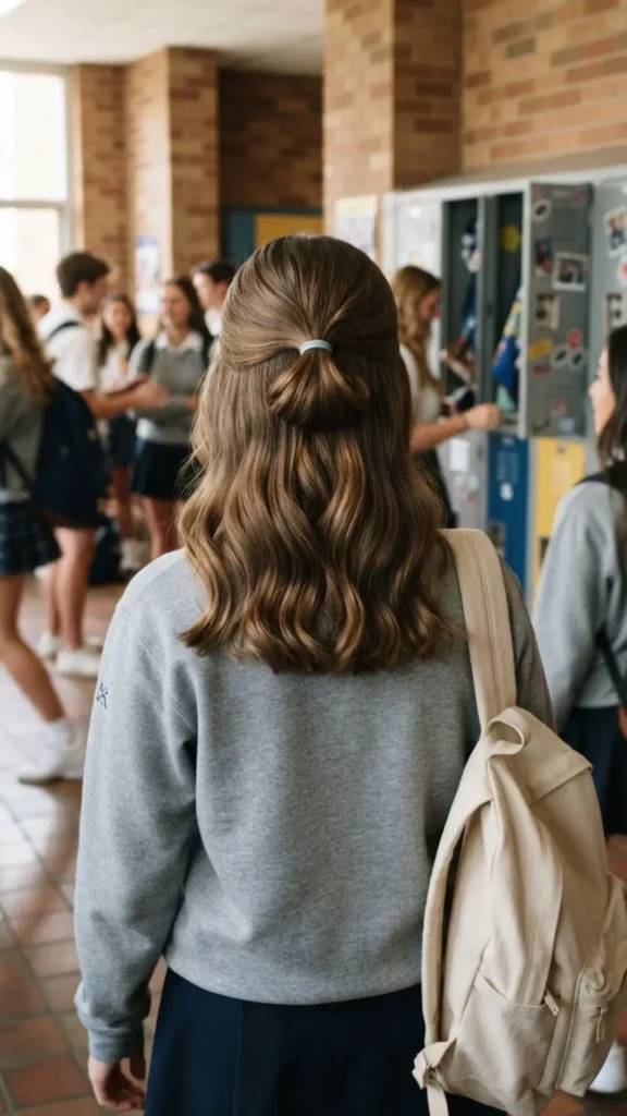 Tucked half-up ponytail hairstyle for a cute and polished school morning look.
