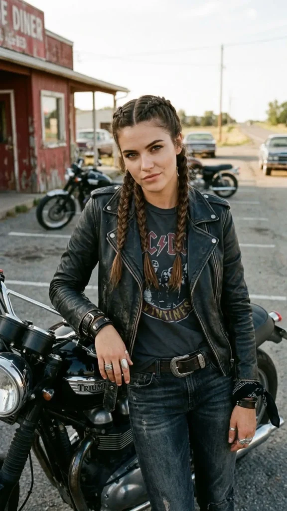 Twin braids create a bold, comfortable, and practical hairstyle for motorcycle rides.
